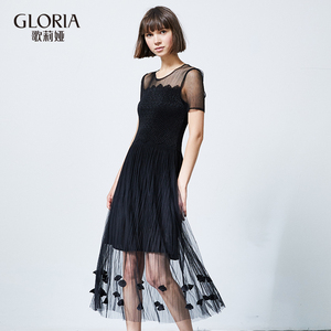 商场同款GLORIA/歌莉娅女装花瓣摆网纱蕾丝连衣裙184K