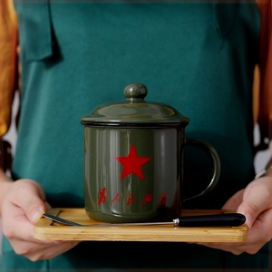 为人民服务杯子搪瓷缸军绿色茶缸子老式口杯怀旧复古解放茶杯陶瓷