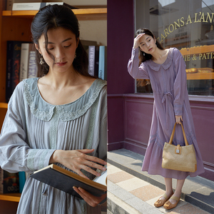 《海伦书店》法式复古100%棉质圆领铜盆领蕾丝拼接皱感连衣裙