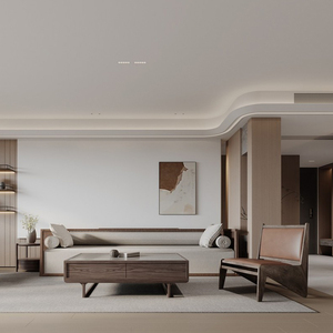 中古风与侘寂风结合新中式胡桃色沙发样板房小户型客厅家具定制