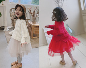 春季新款儿童套装 韩版中小童公主甜美背心纱裙+麻花毛衣2件套装