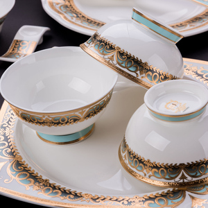 碗碟套装 家用欧式碗筷景德镇中式金边餐具组合骨瓷餐具套装 碗盘