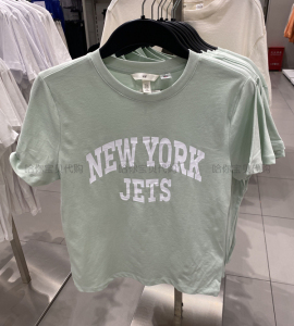 HM H&M女装国内代购 浅绿色NewYorkJets棉质汗布圆领短袖T恤休闲