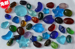包邮蓝色造型玻璃石混搭鹅卵石彩色玻璃珠鱼缸水族箱造景彩石家装