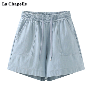 拉夏贝尔/La Chapelle夏季新款系带牛仔五分裤女高腰显瘦阔脚短裤