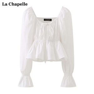 拉夏贝尔/La Chapelle春季新款大方领后松紧抽绳泡泡袖宽松衬衫女