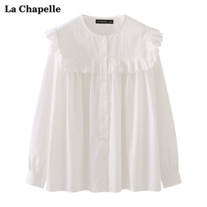 拉夏贝尔/La Chapelle春新款刺绣镂空木耳边海军领长袖衬衫女衬衣
