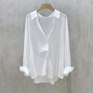 白色天丝棉防晒衬衫女夏季新款宽松休闲薄款垂感衬衣洋气翻领上衣
