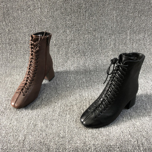 工厂外贸真皮女鞋2019年冬季新款羊皮韩版时尚方头粗跟绒里女短靴