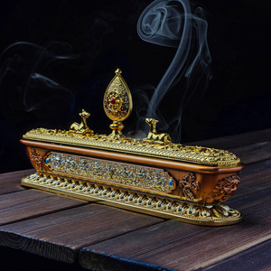 藏式鎏金卧香炉 藏香线香家用禅意香具  尼泊尔铜合金八吉祥摆件