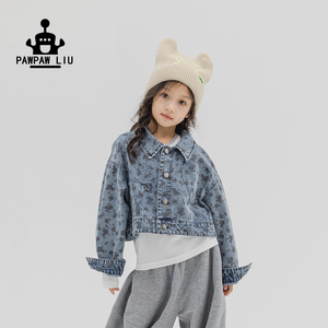 Pawpaw Liu原创设计女童秋装外套2023新品儿童洋气短款花牛仔上衣