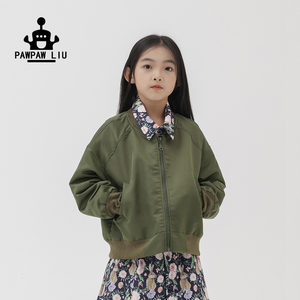 Pawpaw Liu原创设计女童外套春秋款2023男童军绿色刺绣棒球服夹克