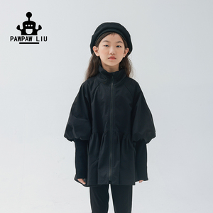 Pawpaw Liu原创设计女童外套春秋装新款大童黑色小众泡泡袖风衣潮