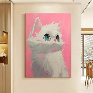 手绘油画奶油风粉白色可爱猫咪玄关装饰画动物儿童房客厅卧室挂画