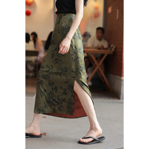 觅定新中式国风半身裙女夏季高腰中长款气质开叉裙子垂坠感长裙