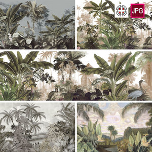 手绘中世纪复古热带雨林树林背景墙壁纸高清背景图片设计素材