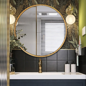 法式复古圆形镜带框LED灯浴室镜子发光卫生间化妆卫浴镜壁挂金色