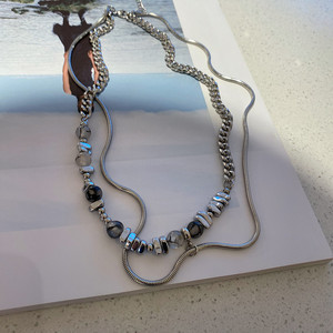钛钢设计款石头圆珠碎银异形蛇骨拼接叠戴项链锁骨链颈链男潮新款