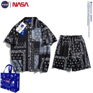 NASA联名欧美嘻哈腰果花满印短袖衬衫男潮牌宽松百搭情侣衬衣套装