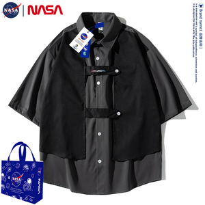 NASA美式高街小众设计感假两件工装衬衫男潮牌欧美宽松短袖衬衣