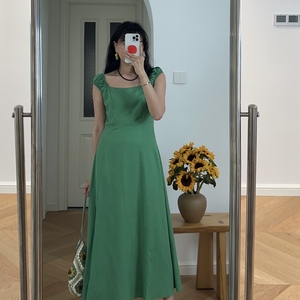 夏装新款 度假风露背绑带绿色纯色开衩连衣裙长裙 0.46KG
