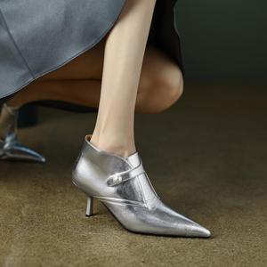 银色高跟鞋真皮及踝靴女2024新款气质尖头细跟裸靴法式银色短靴