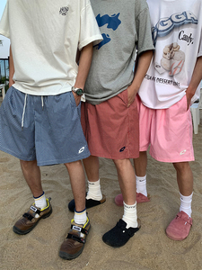 美式复古轻薄透气格子五分短裤男女夏季学院风宽松速干运动沙滩裤