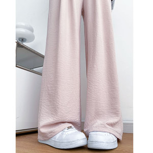粉色冰丝阔腿裤女2024新款夏季垂感直筒休闲小个子棉麻窄版山本裤