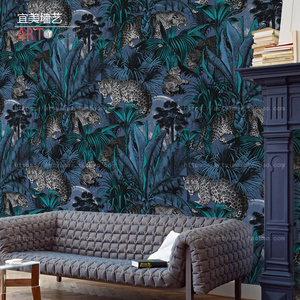复古欧式壁纸蓝色暗黑墙纸丛林豹子大猫壁画酒店酒吧装修美式壁布