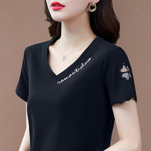 纯棉v领黑色短袖t恤女2024新款夏季高端女装上衣修身品牌半袖体恤
