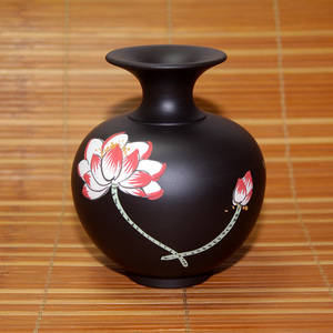 微型宜兴紫砂花盆花插全手工黑朱泥泥绘水培小花瓶并蒂莲花荷花瓶