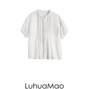 LuhuaMao森系文艺花边翻领白色衬衫女设计感小众天丝麻短袖衬衣夏