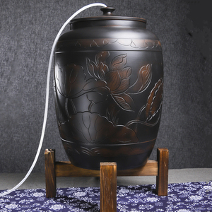 陶瓷水缸家用储水纯净水桶茶台专用泡茶桶建水紫陶抽水缸带盖30升