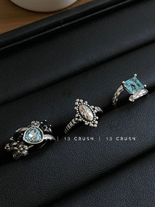 13 CRUSH 蓝钻做旧风朋克街头925纯银复古开口戒指女时尚小众饰品