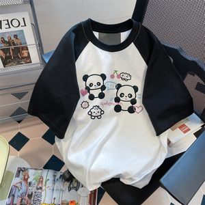 黑白撞色超好看可爱熊猫短袖t恤男女夏季设计感小众休闲插肩上衣