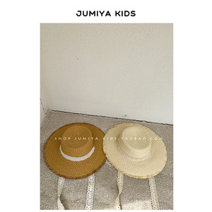 法式优雅/ins韩系儿童夏季草帽大帽檐草编凹造型度假沙滩女童帽子