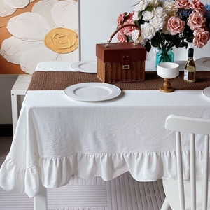 ins荷叶边纯棉法式复古褶皱白色摆拍背景布客厅长方形盖布餐桌布