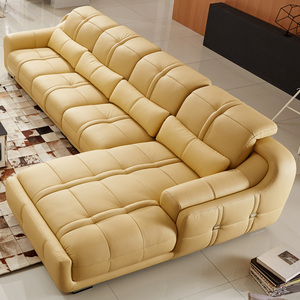 简约现代浅米黄色皮艺沙发茶几组合客厅时尚转角头层真皮沙发