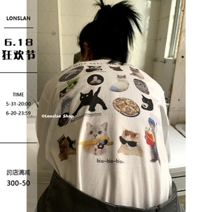 Lonslan  发射猫咪biu~高品质水印夏季后背猫咪图案短袖T恤女