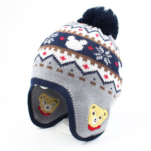 日本潮款儿童帽子秋冬季宝宝针织帽男童女童卡通绣花套头帽护耳帽