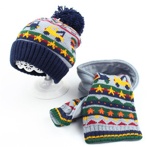 韩版儿童帽子围巾套装冬季保暖男童针织帽卡通小汽车宝宝毛线围脖