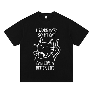 英文标语猫咪老师短袖t恤努力工作让你过的更好可爱印花