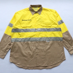 外贸加大码纯棉反光条长袖工作服衬衫特体宽松荧光黄警示工装衬衣