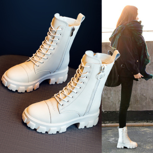 马丁靴女鞋内增高短靴爆款白色中筒靴子秋冬季加绒鞋子