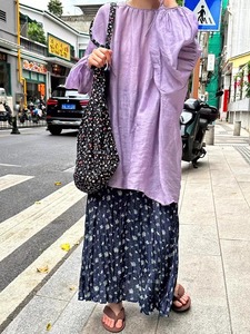 Meizi美子·夏日系复古紫色苎麻衬衫藏蓝色碎花半裙女大码女装