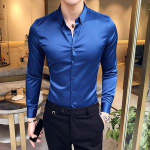 韩版男士紧身长袖丝滑缎面衬衣心机袖子刺绣大码5XL镭射衬衫新郎
