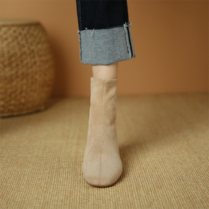 韩系小踝靴冬季高跟鞋搭配裙子的加绒方头粗跟短靴女2023新款秋冬