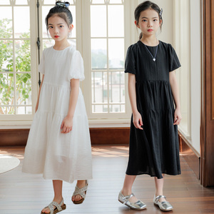 夏季女童白色淑女连衣裙 童装新品短袖夏款黑色长款裙子 中大儿童