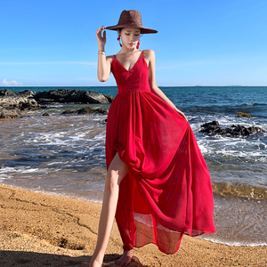 超仙气红色大摆女神穿搭吊带长裙三亚旅行海边度假露背拖地沙滩裙