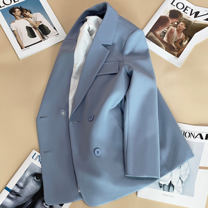 淡蓝色双排扣西装外套女2023年秋季新款韩版气质高级感百搭西服潮
